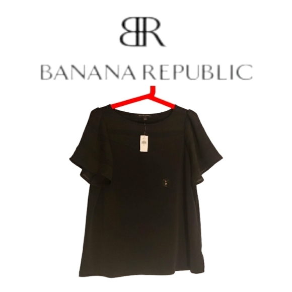 NWT Banana Republic Crepe Top Flutter Sleeve Semi-sheer with Stripes in Black - Picture 3 of 16